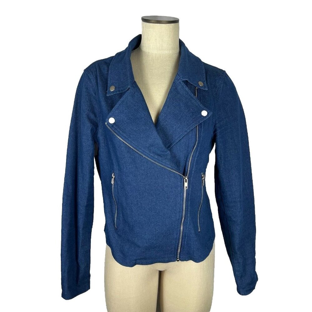 Lulus Made with Love Denim Jean Blue Moto Zip Up Collared Jacket Coat Size Large
